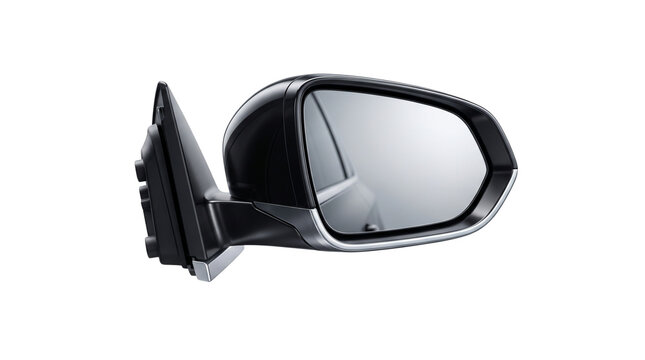 Modern black car side mirror, automotive wing mirror spare part, sleek vehicle exterior rearview mirror component isolated PNG with Transparent Background