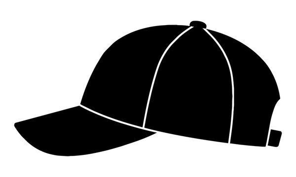 Solid black silhouette of a classic baseball cap in a side profile view, isolated on a white background. Sportswear fashion concept