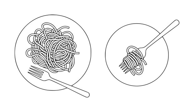 Simple black and white line of spaghetti pasta on plates with a fork for dining concepts