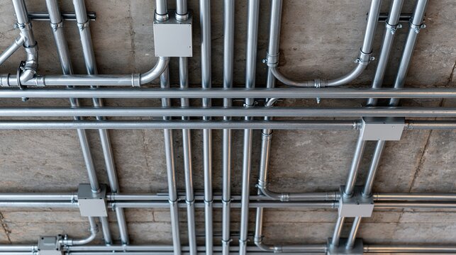 Industrial electrical conduit system with metallic pipes and junction boxes on a concrete ceiling