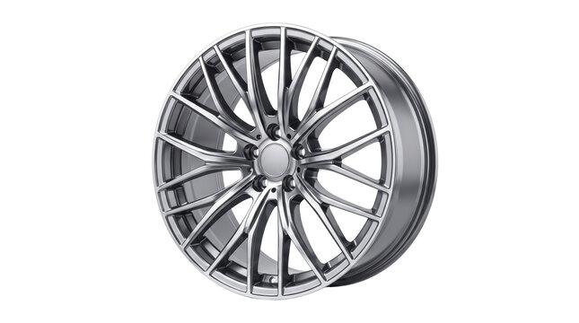 Modern silver alloy car wheel, high performance automotive rim with multi-spoke design, metallic aluminum wheel for vehicle tuning isolated PNG with Transparent Background