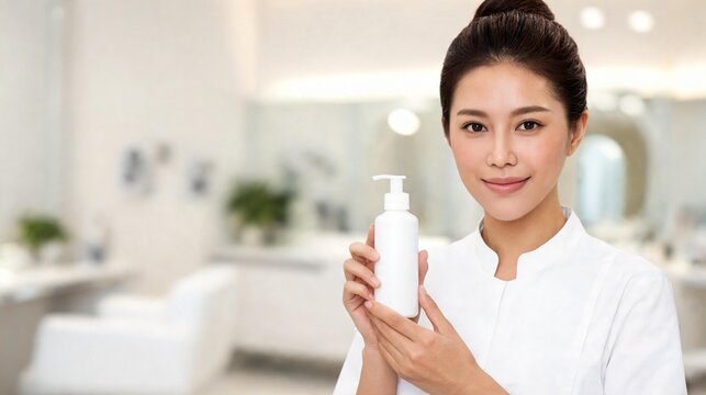Professional Female Beauty Therapist Holding Skincare Product in Salon