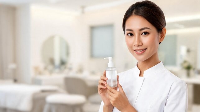 Professional Female Beauty Therapist Holding Skincare Product in Salon