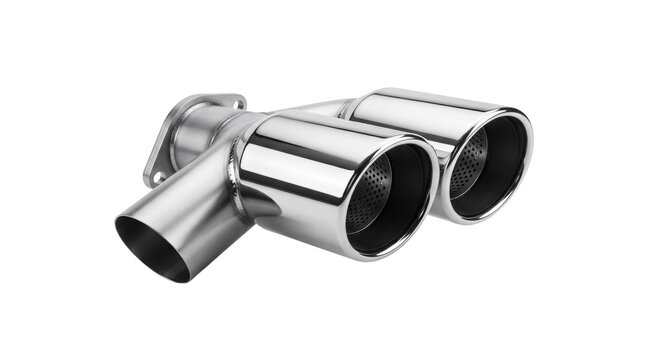 Polished chrome dual exhaust tip, stainless steel car muffler pipe, high performance automotive tailpipe part isolated PNG with Transparent Background