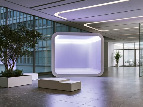 A modern office lobby with a futuristic illuminated pod and minimalist seating area, exuding an atmosphere of innovation and sophisticated design.