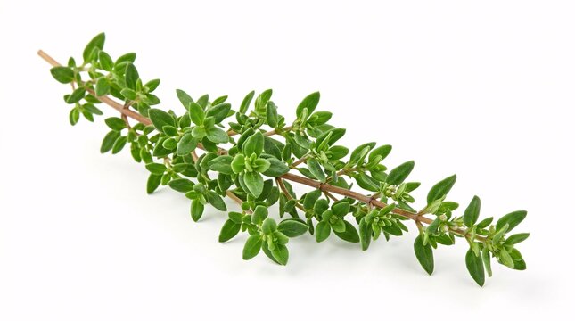 Single fresh green thyme herb sprig isolated on a pure white background for culinary use.