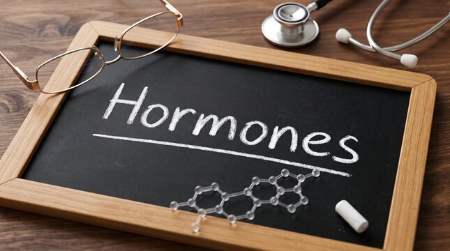 Hormones Concept Written on Blackboard with Stethoscope and Glasses on Wooden Background