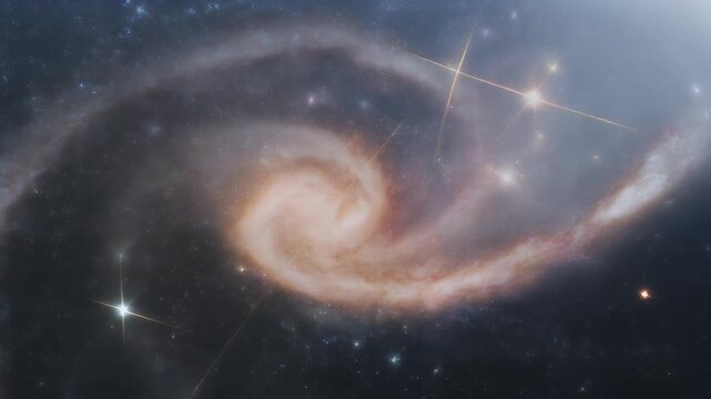 A triplet of deep space images showcases a swirling spiral galaxy with a bright central core and extended arms.