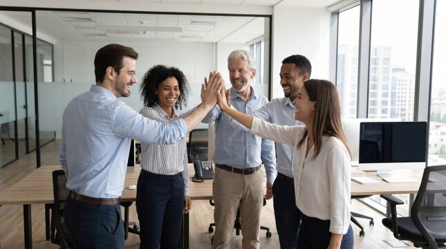 Diverse Business Team Giving High Five In Modern Office. Concept of group, colleagues, standing, together.