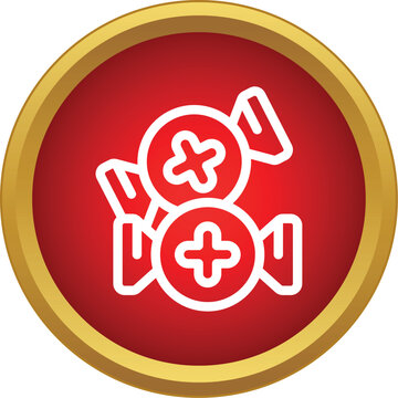 Two candies outline icon on a red button with a gold frame