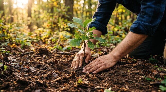 of hands planting a young oak sapling in the forest soil, reforestation and environmental conservation, protecting nature, climate change action, sustainability, and ecological