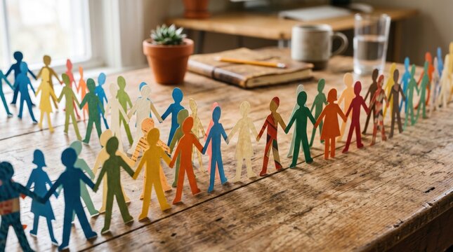 Colorful Paper Cutouts of Interconnected Figures on Wooden Table