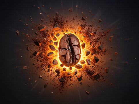 Roasted coffee bean surrounded by flying fragments close-up, illuminated by a fiery glow. Generative AI