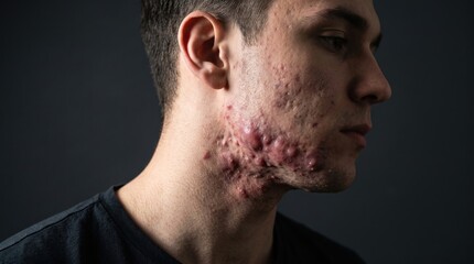 Fototapeta premium Side view portrait of young man with severe nodular acne vulgaris and deep scars on jawline