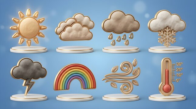 3D Weather Forecast Icons Set Featuring Clouds, Rain, Rainbow, and Wind Concept