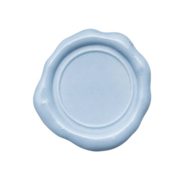 Light blue wax seal with a textured, slightly uneven edge and a smooth circular indentation in the center, isolated on a white background