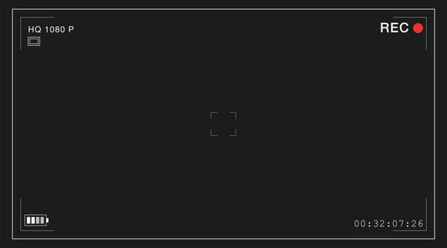 Dark Camera Viewfinder Overlay with HD Recording Indicator, REC Status, Focus Brackets, Battery Icon and Professional Video Display Design