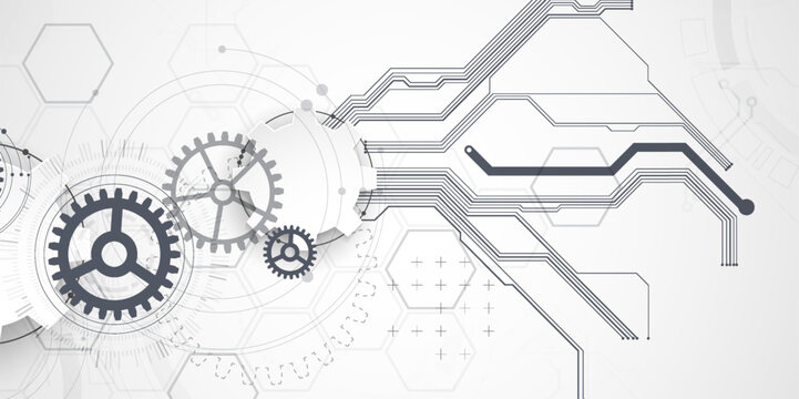 Technology background with grey gears, circuit board lines, geometric circles. Vector