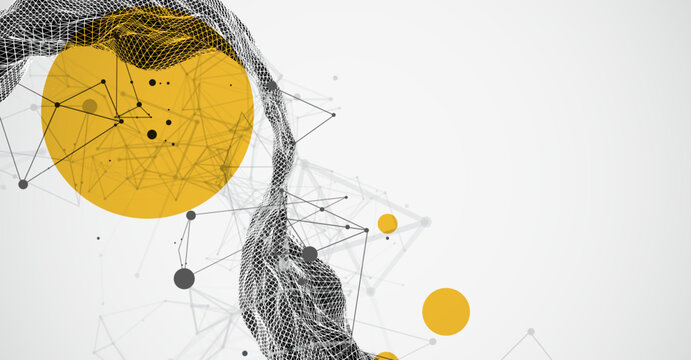 Abstract vector illustration of dark wireframe mesh ribbon with yellow circles and plexus network