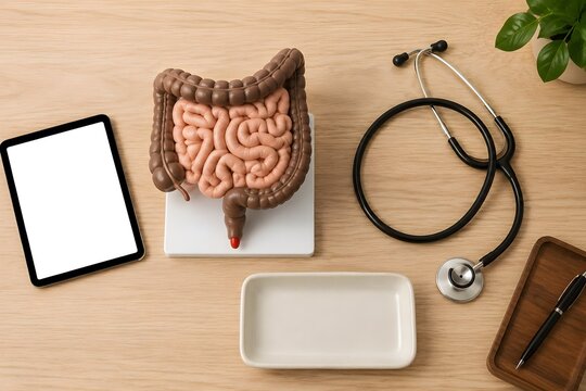 Digestive Specialist Consultation Desk with Intestinal Model Blank Tablet Stethoscope and Professional Medical Workspace Photography