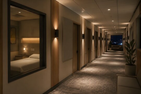 Sleep Clinic Corridor with Wall Lighting Acoustic Finishes Closed Testing Rooms and Calm Nighttime Interior