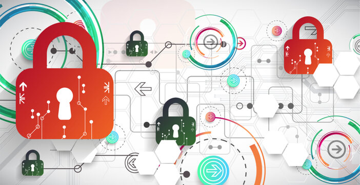Cybersecurity background with colorful padlocks, circuit board lines, geometric circles. Vector concept