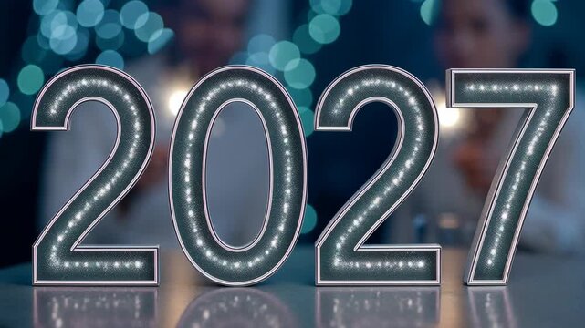 Festive milestone arrival: Happy New, Year 2027, fire sparkler, bright flame, light glow, night event, party person, glass table, winter holiday, dark backdrop.