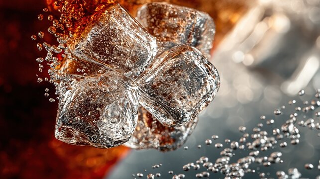Close up macro shot of ice cubes in a carbonated cola drink with bubbles and splash effects
