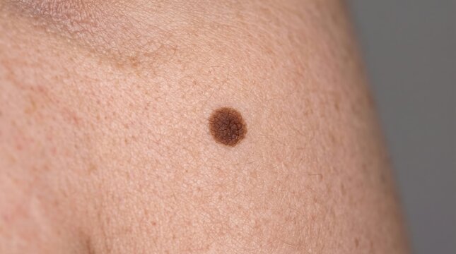 Macro Close Up of Brown Melanocytic Nevus Skin Mole on Human Body Isolated on Grey