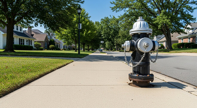 Black and silver fire hydrant on suburban street.