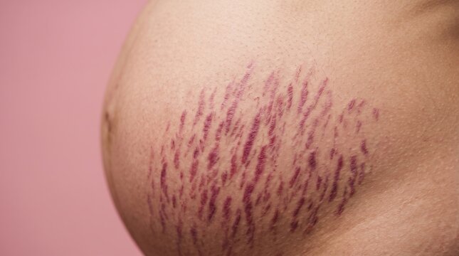 Close Up of Pregnant Woman Belly with Purple Red Stretch Marks Striae Rubrae on Pink Background