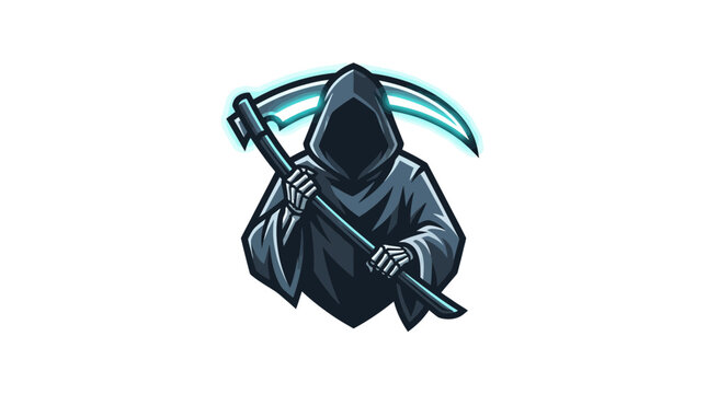 Grim reaper mascot logo holding glowing scythe, flat vector illustration of hooded death character