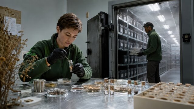Scientists Working in Seed Bank Storage Laboratory. Concept of rare, plant, seeds.