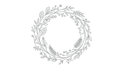 Obraz premium Floral Wreath Illustration: A delicate, hand-drawn floral wreath showcasing a beautiful arrangement of leaves, berries, and small flowers, perfect for elegant invitations or decorative elements.