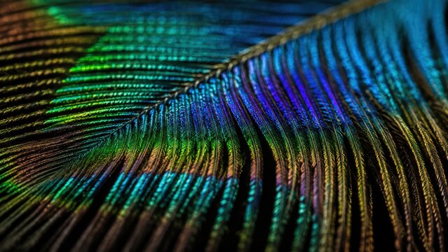 Vibrant Peacock Feather Texture Background with Iridescent Colors. Concept of barbules, macro.