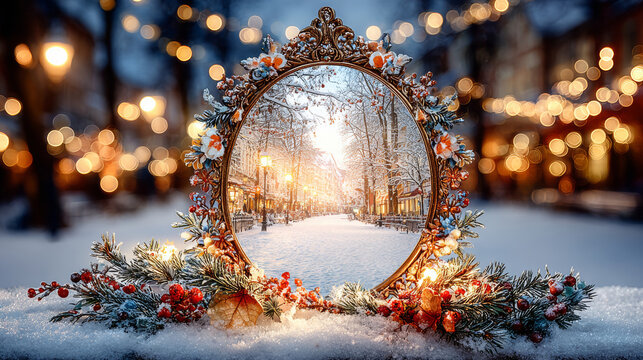An ornate oval decorative mirror is placed on the snow-covered ground. The mirror is surrounded by pine branches,red berries,and warm string lights.The mirror reflects the snow-covered winter street