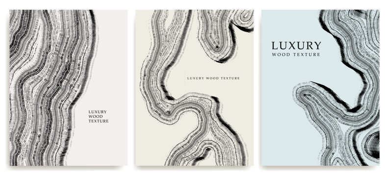 Luxury Black and White Wood Ring Background Set. Elegant Tree Annual Rings, Concentric Circles, Tree Trunk Cross Section Texture with Shiny Grunge Detail. Rustic Premium Vector Templates for Branding.