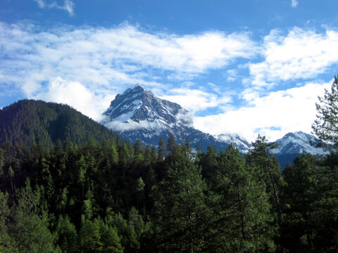 Majestic Snow-Capped Mountain with Lush Green Forests