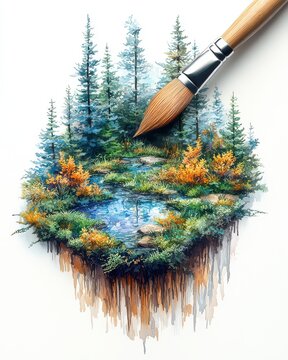 Artist paints autumn forest scene