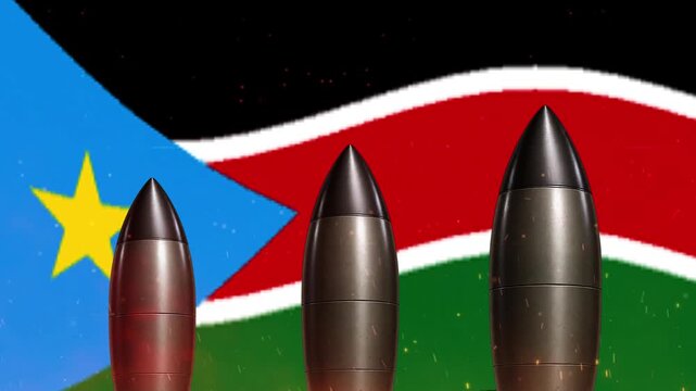 Three artillery shells in front of the national flag of south sudan