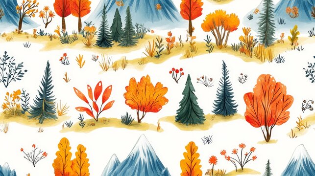 Against white background, warm orange-red autumn trees,dark green pine needles,light blue snow-capped mountains,and delicate herbaceous plants are distributed,creating soft,seamless watercolor pattern