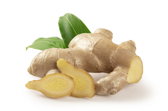  Fresh organic ginger rhizome with slices and vibrant green leaves, isolated on white background.  for herbal medicine, cooking, and healthy lifestyle.