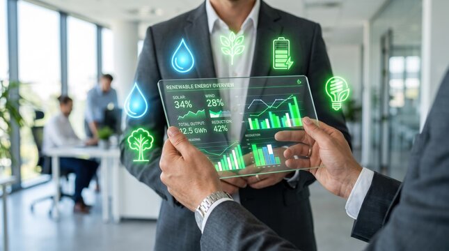 Businessmen analyzing renewable energy overview on transparent tablet device with floating green icons for water, plants and battery, corporate meeting discussing sustainability