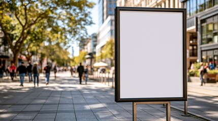 Fototapeta premium Blank Advertising Signboard on a Busy City Sidewalk with Pedestrians and Shops