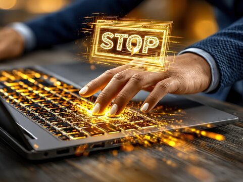 Digital Stop Sign Overlayed on Laptop Keyboard with Glowing Effects and Businessperson's Hand