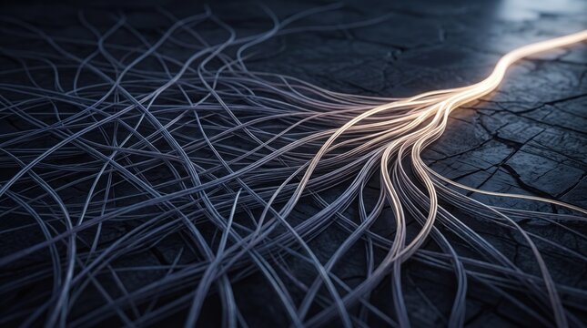 Glowing Fiber Optic Cables Merging into One Light Connection. Concept of data transfer, network connection, technology concept, optic cable, glowing line. Copy space.