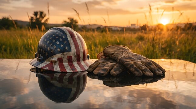 American flag hard hat and work gloves at sunset