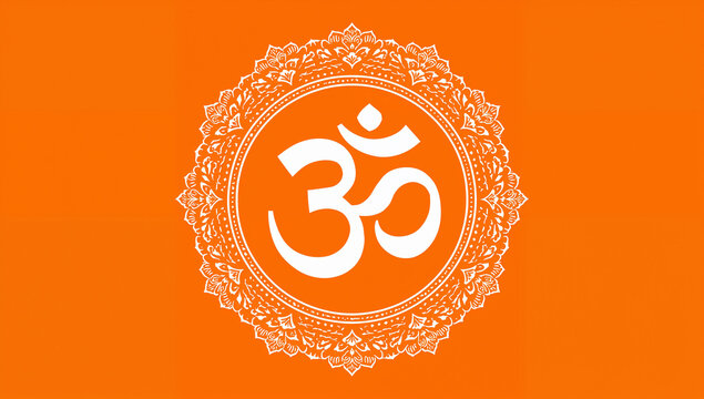 White om symbol on bright orange background with floral border spiritual meditation hinduism buddhism ornamental geometric religion esoteric tranquility mindfulness wallpaper oriental