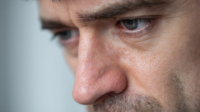 Profile view of bearded man with downward gaze and sad expression showing emotional distress and sadness