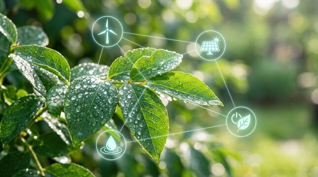 Green leaves with water droplets overlaid with renewable energy icons including wind turbine, solar panel and recycling symbol, ecology, sustainable development, clean power